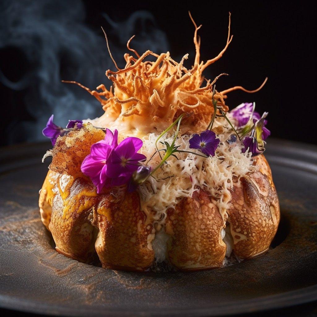 fluffy goat brain soufflé, golden isopod crust, vibrant garnish, stunning food photograph, french restaurant