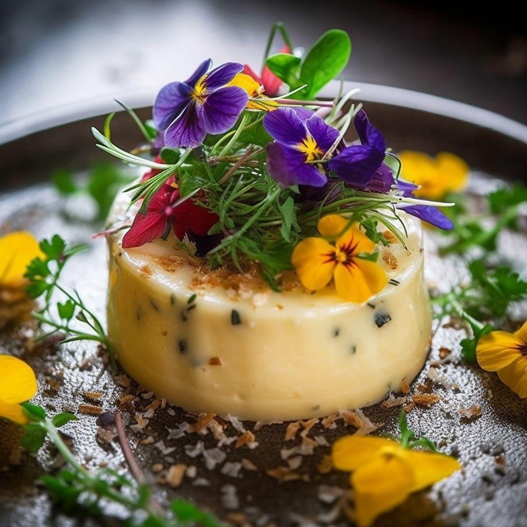 A beautifully plated dish of finely chopped Witchetty Grub and Casu Marzu cheese, garnished with fresh herbs and edible flowers