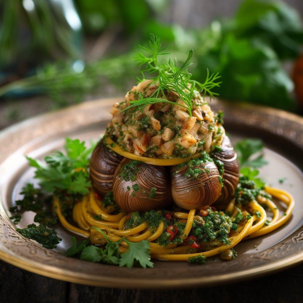 plump escargot nestled in a bed of golden larvae linguine, garnished with fresh herbs, stunning food photograph, french restaurant