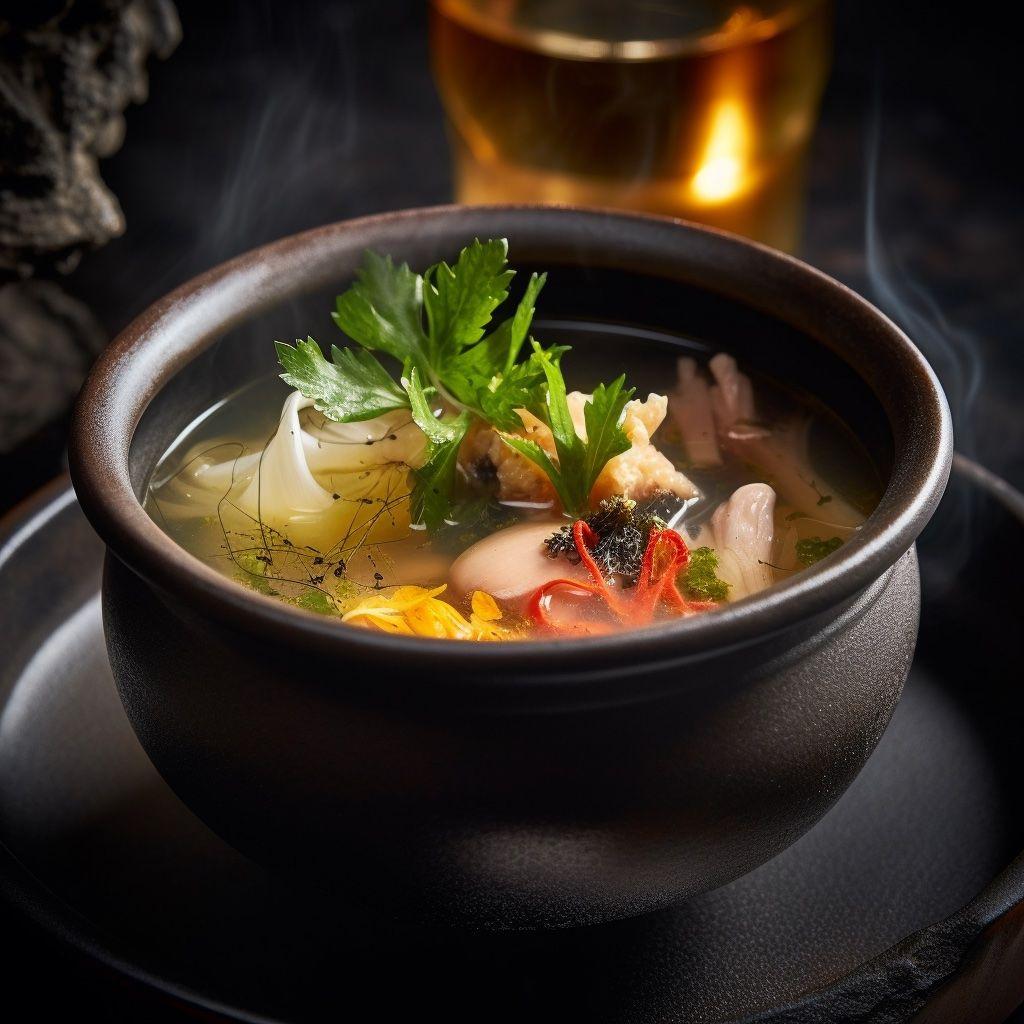 A steaming bowl of rich bouillabaisse, filled with tender coconut worms, succulent medama, and a medley of aromatic vegetables and herbs