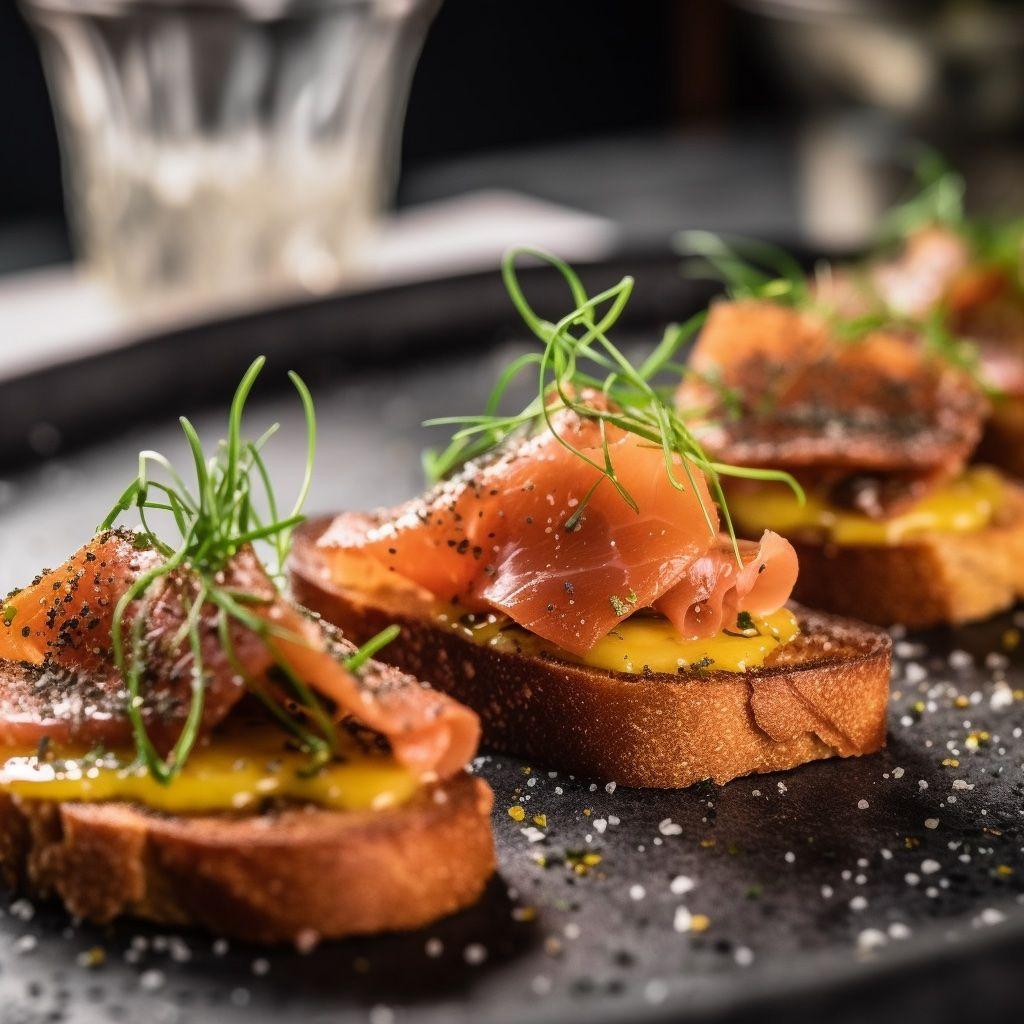 A beautifully plated dish of Casu Martzu crostini topped with Hákarl carpaccio, garnished with fresh herbs and a drizzle of olive oil