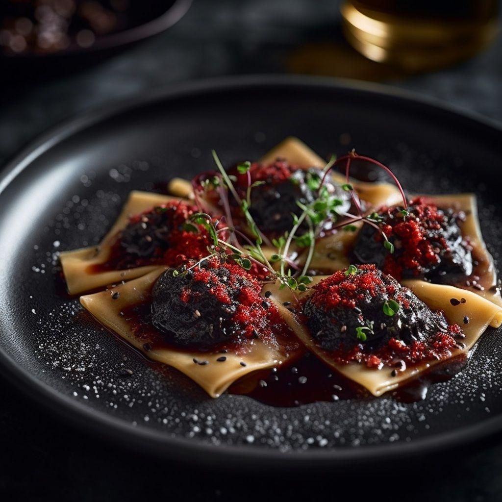 blood sausage ravioli, enhanced by a fresh herb-infused oil and a delightful crunch of ants
