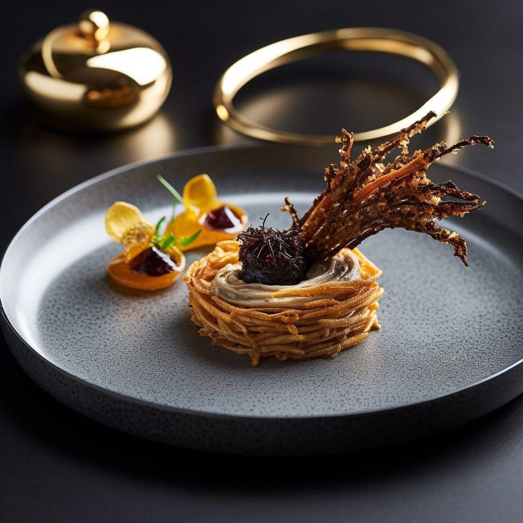smooth eel heart pâté, golden fried cricket crumble, elegant plate, stunning food photograph, french restaurant