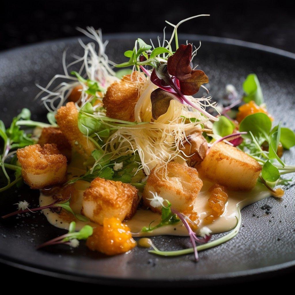 delicate lung and jellyfish salad, topped with golden insect croutons, vibrant greens, stunning food photograph, french restaurant