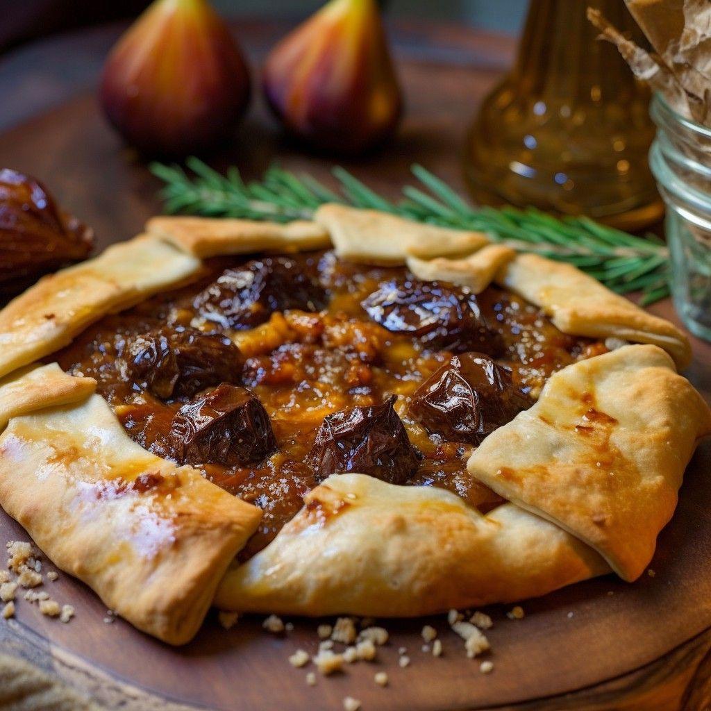 grilled gizzard galette, golden crust, fermented fig sauce drizzled on top, stunning food photograph, french restaurant