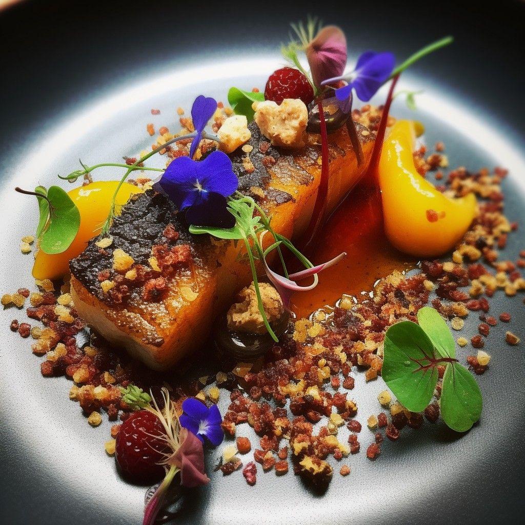 eel escabeche topped with dung beetle crumble, vibrant herbs, stunning food photograph, french restaurant