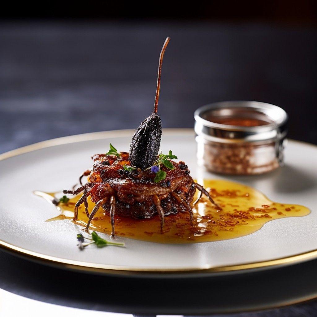 elegant platter of amphibian amuse-bouche, glistening dried beetle brûlée, vibrant garnish, stunning food photograph, french restaurant