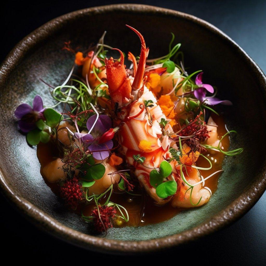 crayfish ceviche, glistening insect larvae salsa, vibrant herbs, stunning food photograph, french restaurant