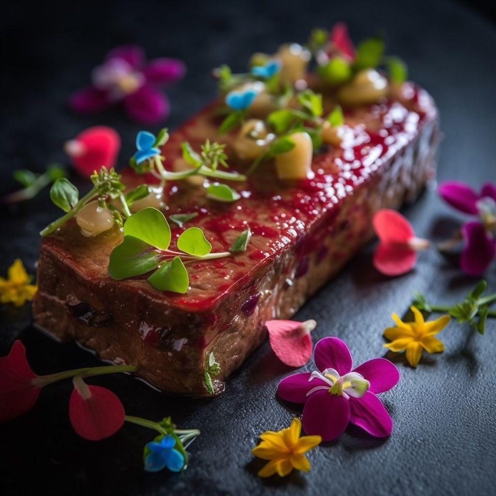 beautifully plated frog leg and raw liver terrine garnished with edible flowers, microgreens, and a drizzle of pomegranate reduction