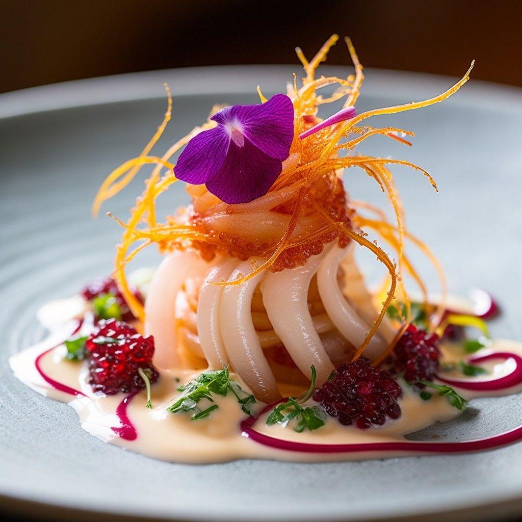 lizard tail tartare, sea anemone aioli, vibrant garnish, stunning food photograph, french restaurant