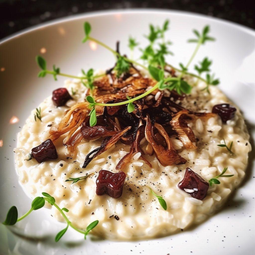 A beautifully plated dish of creamy risotto with scattered Pidan and Chapulines, garnished with fresh herbs and a drizzle of truffle oil