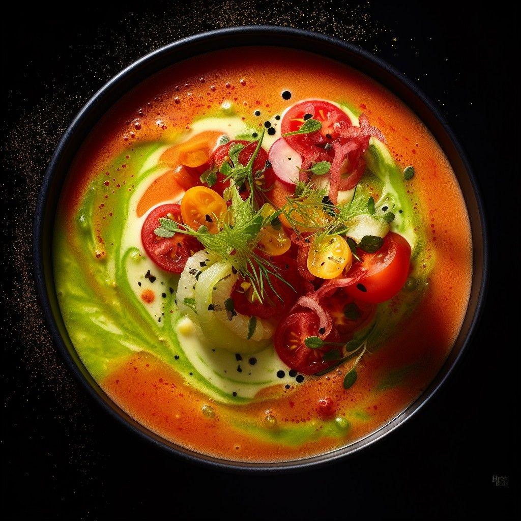 gecko gazpacho, vibrant garnish, earwig emulsion drizzle, stunning food photograph, french restaurant
