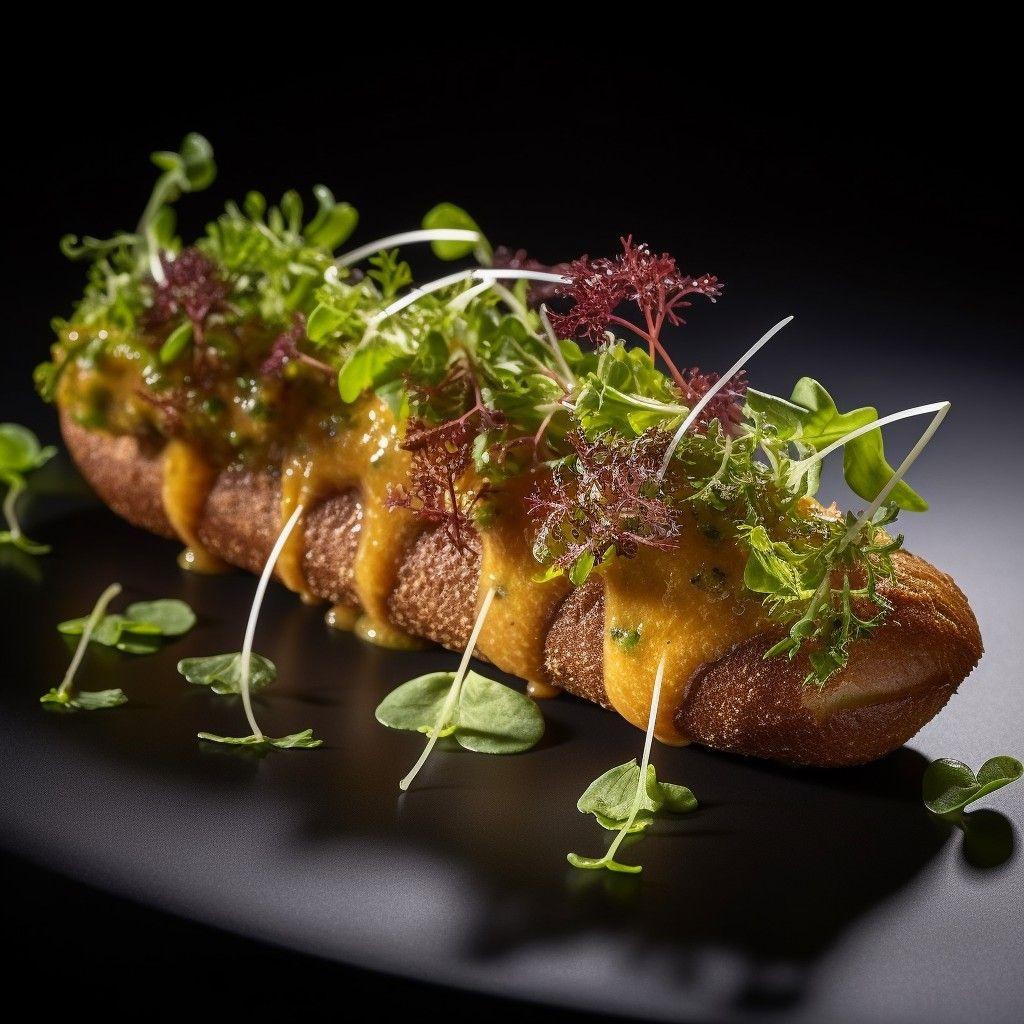 golden offal éclair, glistening dragonfly drizzle, garnished with delicate microgreens, stunning food photograph, french restaurant