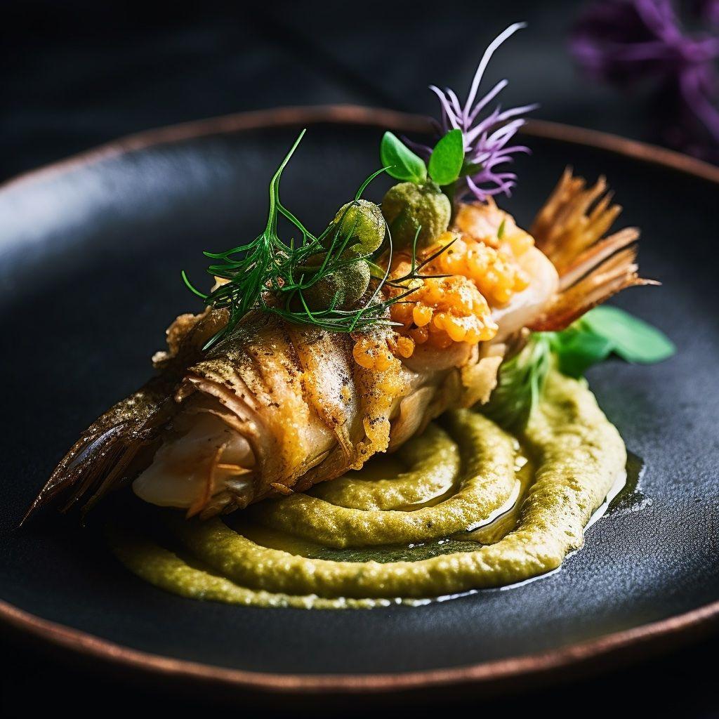 A beautifully plated dish featuring a delicate mudfish mousse topped with a golden silkworm tempura, garnished with vibrant edible flowers and fresh herbs.