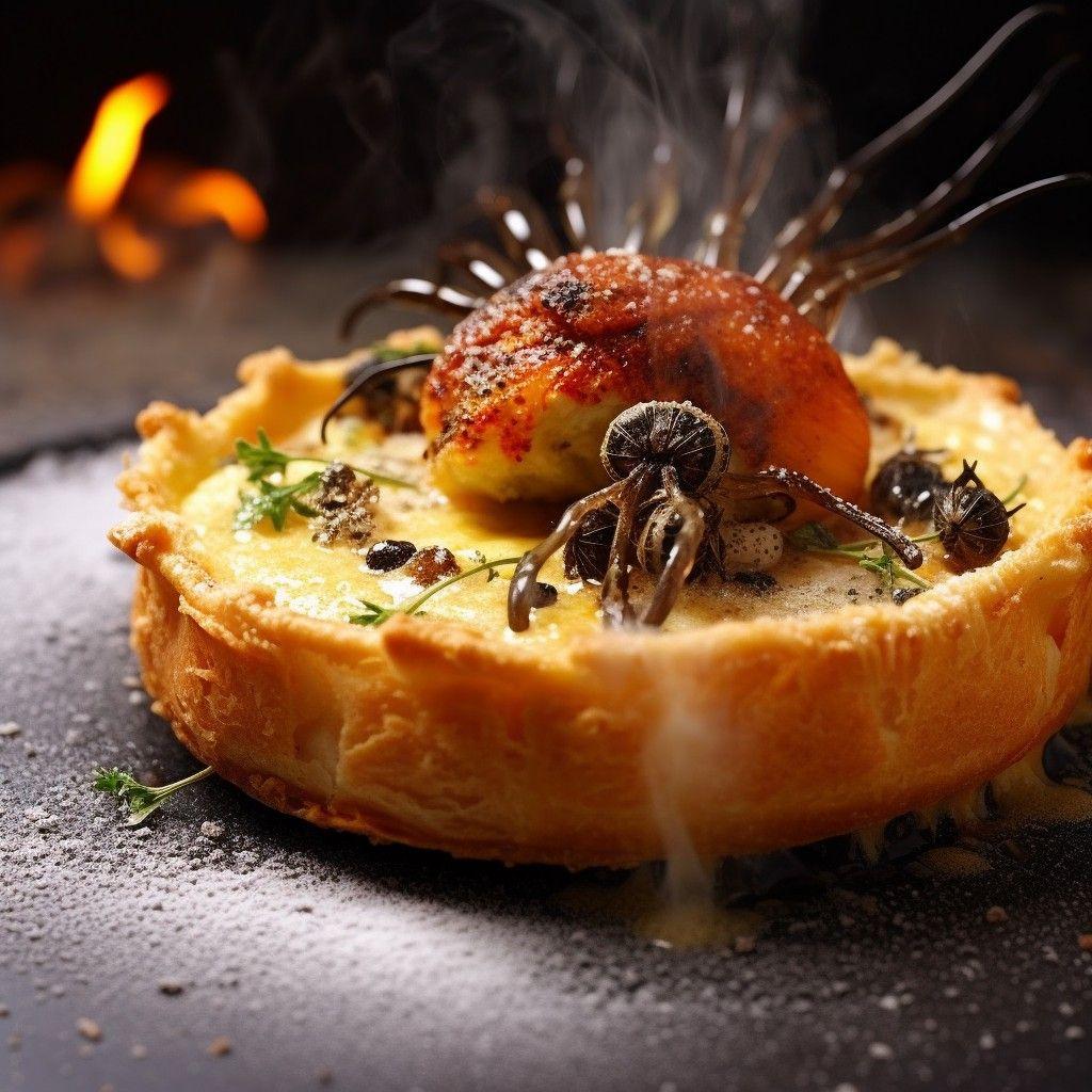 radiant rat lung and tarantula tart, golden crust, insect infusion drizzle, stunning food photograph, french restaurant