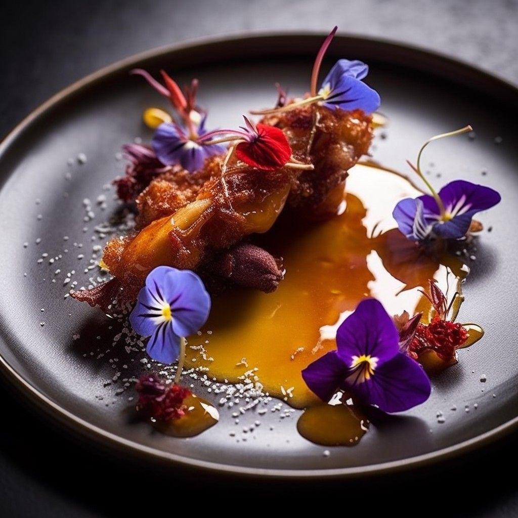 tender bat wing confit, glistening spider web sauce, vibrant edible flowers, stunning food photograph, french restaurant