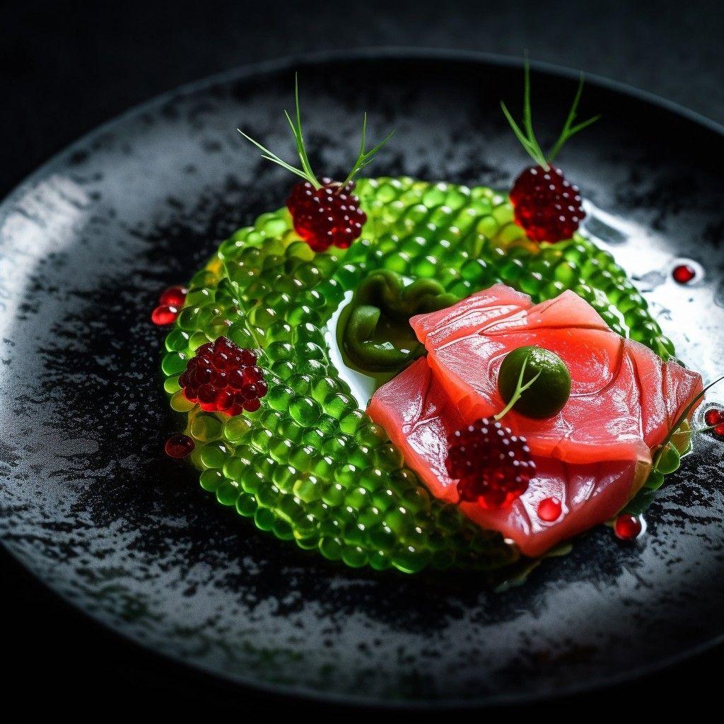 A beautifully plated serpent carpaccio with vibrant green snail caviar, garnished with edible flowers and microgreens.